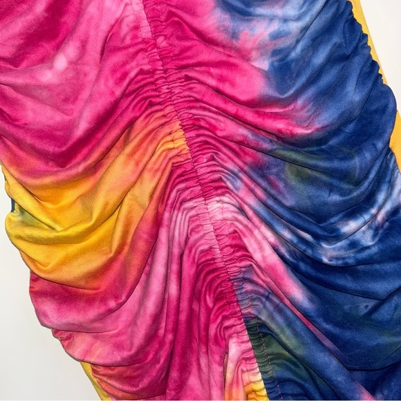 NWT Tie Dye Ruched Off Shoulder Bell Sleeve Bodycon Mini Dress S Festival - Picture 8 of 10